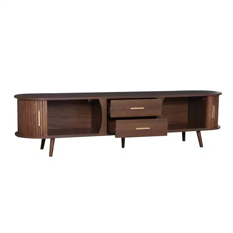 TV Stand for TVs up to 80, Mid-Century Modern TV Console Media Console Entertainment Center with Sliding Doors & 2 Drawers, Dark Brown - ModernLuxe