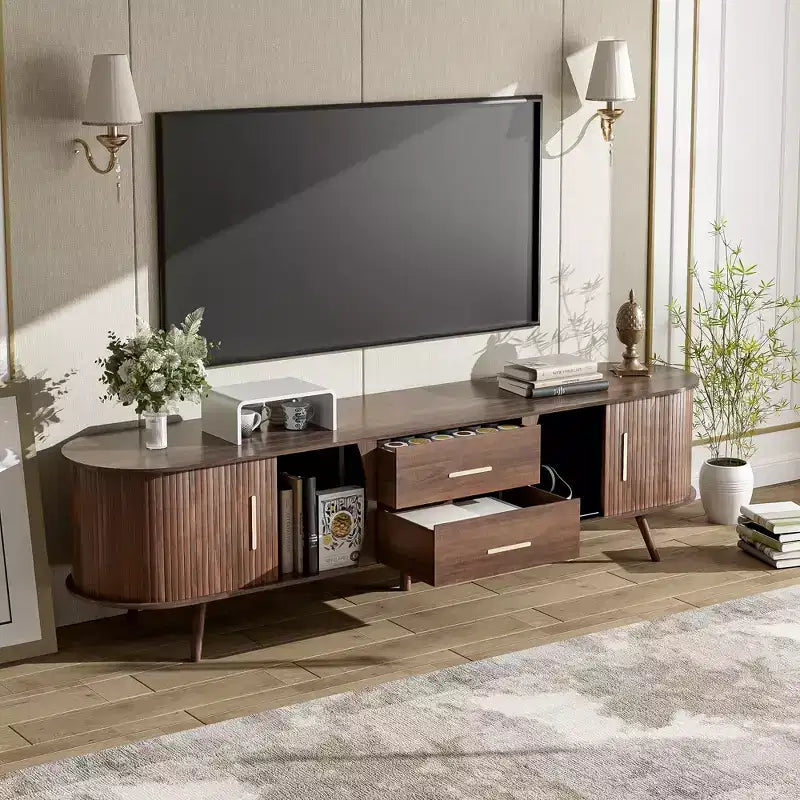 TV Stand for TVs up to 80, Mid-Century Modern TV Console Media Console Entertainment Center with Sliding Doors & 2 Drawers, Dark Brown - ModernLuxe