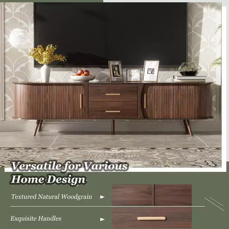 TV Stand for TVs up to 80, Mid-Century Modern TV Console Media Console Entertainment Center with Sliding Doors & 2 Drawers, Dark Brown - ModernLuxe