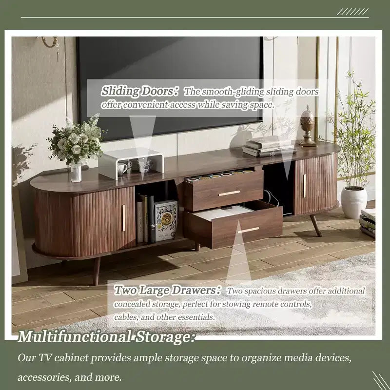 TV Stand for TVs up to 80, Mid-Century Modern TV Console Media Console Entertainment Center with Sliding Doors & 2 Drawers, Dark Brown - ModernLuxe