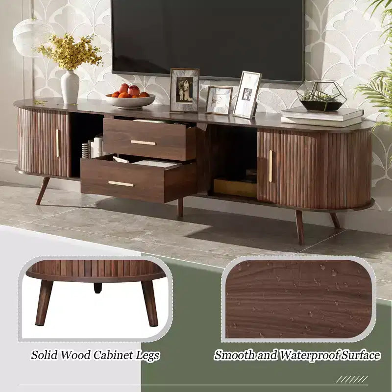 TV Stand for TVs up to 80, Mid-Century Modern TV Console Media Console Entertainment Center with Sliding Doors & 2 Drawers, Dark Brown - ModernLuxe