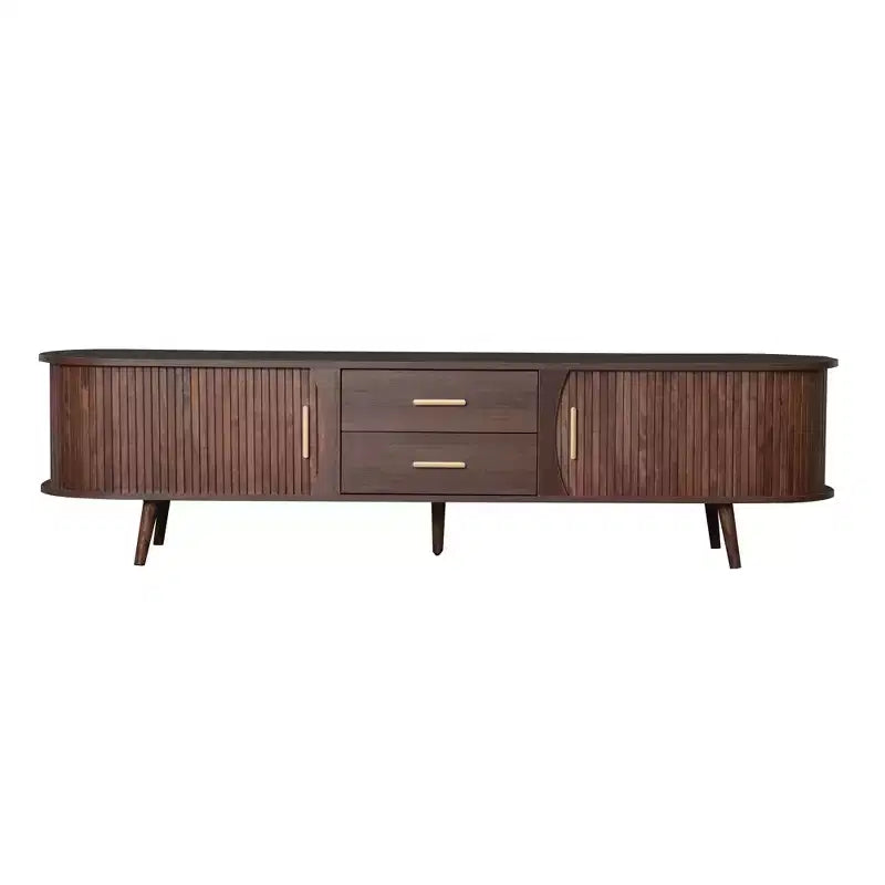 TV Stand for TVs up to 80, Mid-Century Modern TV Console Media Console Entertainment Center with Sliding Doors & 2 Drawers, Dark Brown - ModernLuxe