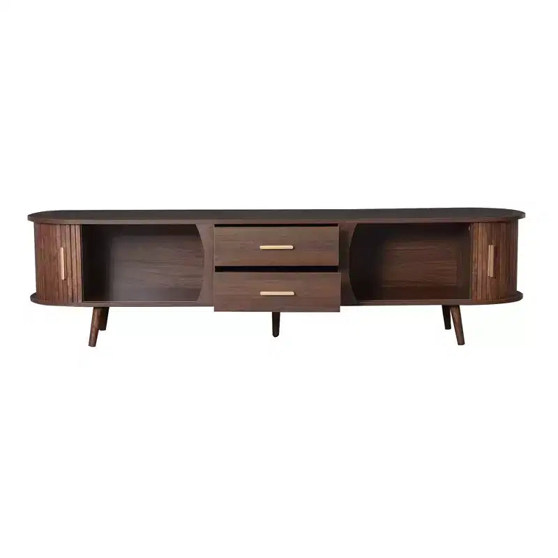 TV Stand for TVs up to 80, Mid-Century Modern TV Console Media Console Entertainment Center with Sliding Doors & 2 Drawers, Dark Brown - ModernLuxe