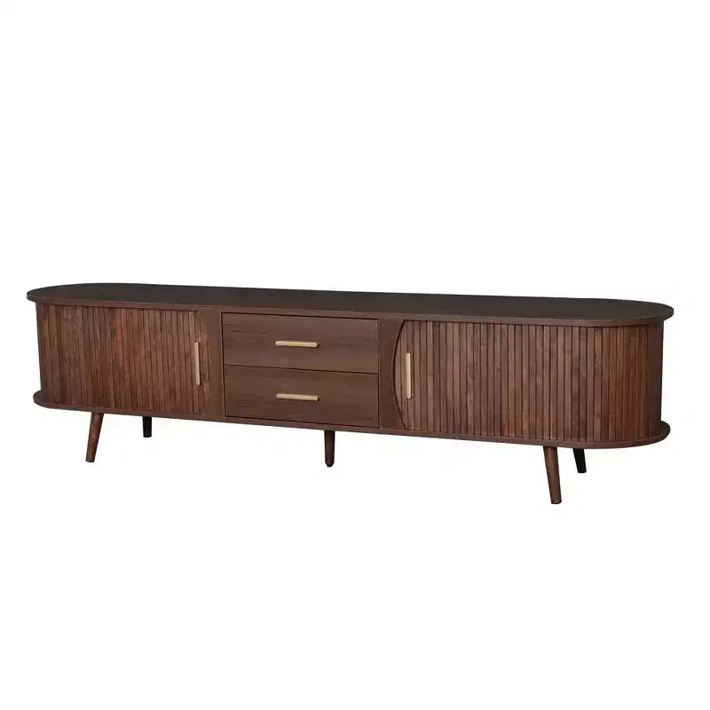 TV Stand for TVs up to 80, Mid-Century Modern TV Console Media Console Entertainment Center with Sliding Doors & 2 Drawers, Dark Brown - ModernLuxe