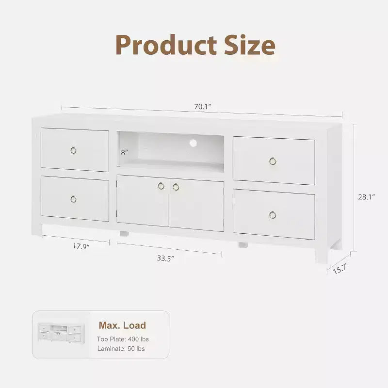 Farmhouse TV Stand for 75/80 Inch TVs with 6 Storage Drawers, Entertainment Center with Soundbar Shelf, White Television Consoles Stands