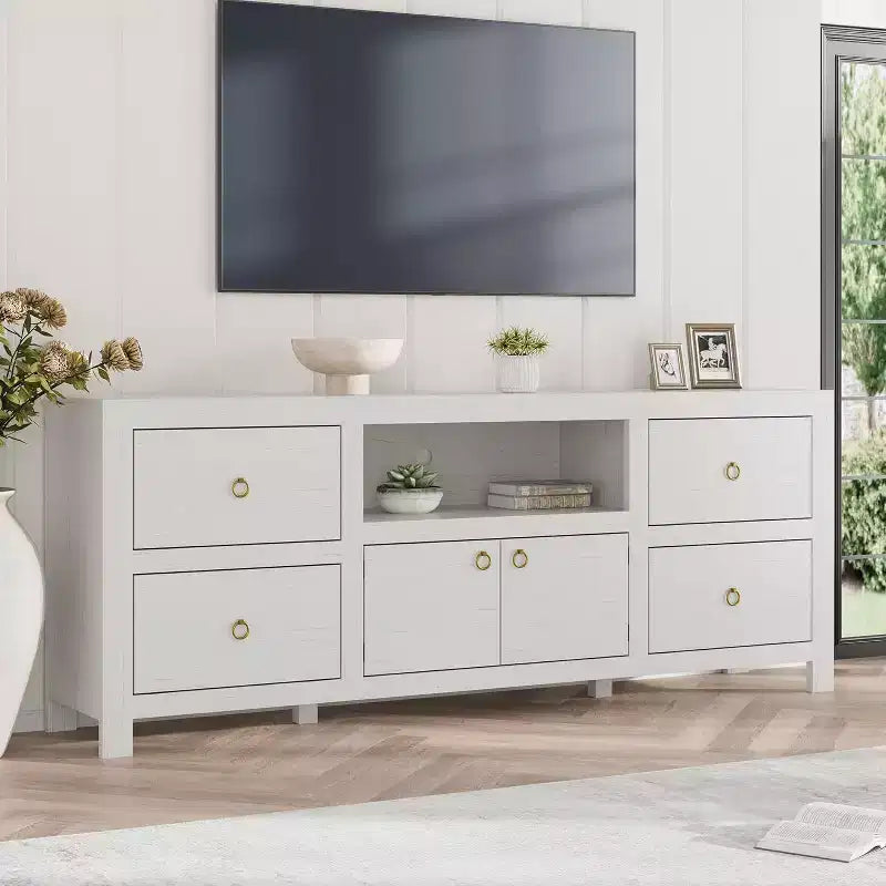 Farmhouse TV Stand for 75/80 Inch TVs with 6 Storage Drawers, Entertainment Center with Soundbar Shelf, White Television Consoles Stands