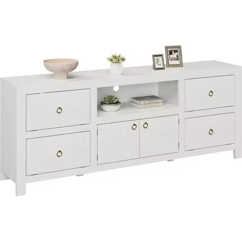 Farmhouse TV Stand for 75/80 Inch TVs with 6 Storage Drawers, Entertainment Center with Soundbar Shelf, White Television Consoles Stands