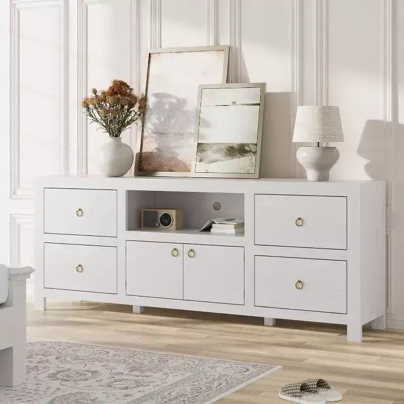 Farmhouse TV Stand for 75/80 Inch TVs with 6 Storage Drawers, Entertainment Center with Soundbar Shelf, White Television Consoles Stands