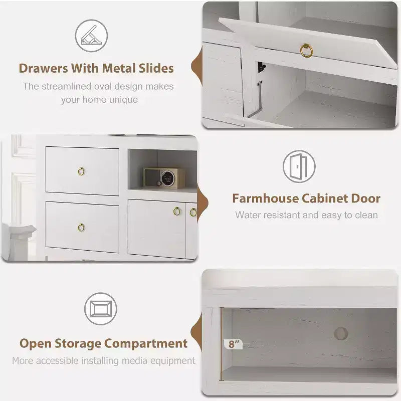 Farmhouse TV Stand for 75/80 Inch TVs with 6 Storage Drawers, Entertainment Center with Soundbar Shelf, White Television Consoles Stands