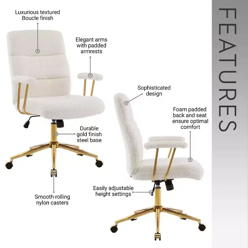 Okak Modern Fleece Office Chair with Goden Frame, 360 Swivel Comfy Chair with Adjustable Height and Wheels, Desk Chair for Study, Reading Room