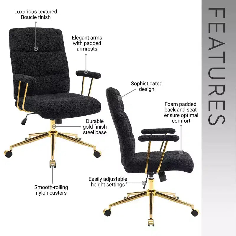 Okak Modern Fleece Office Chair with Goden Frame, 360 Swivel Comfy Chair with Adjustable Height and Wheels, Desk Chair for Study, Reading Room