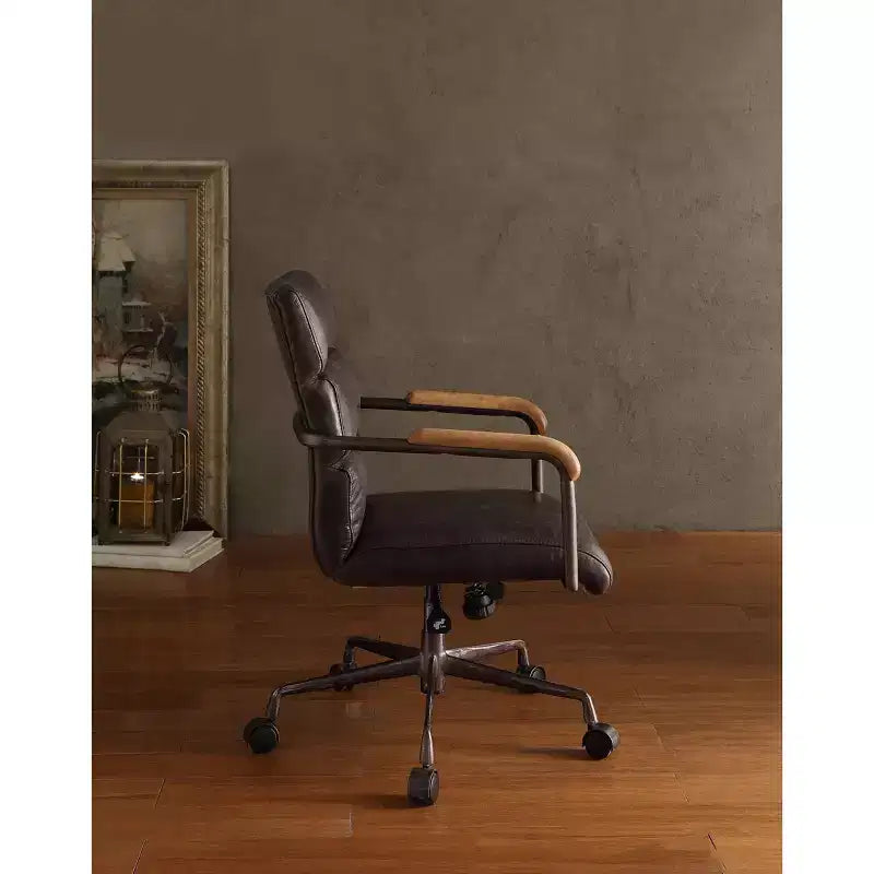 Okak Top Grain Leather Desk Chair, Executive Office Chair with Wooden Armrests and Metal Frame, Stylish Comfy Chair for Home, Office