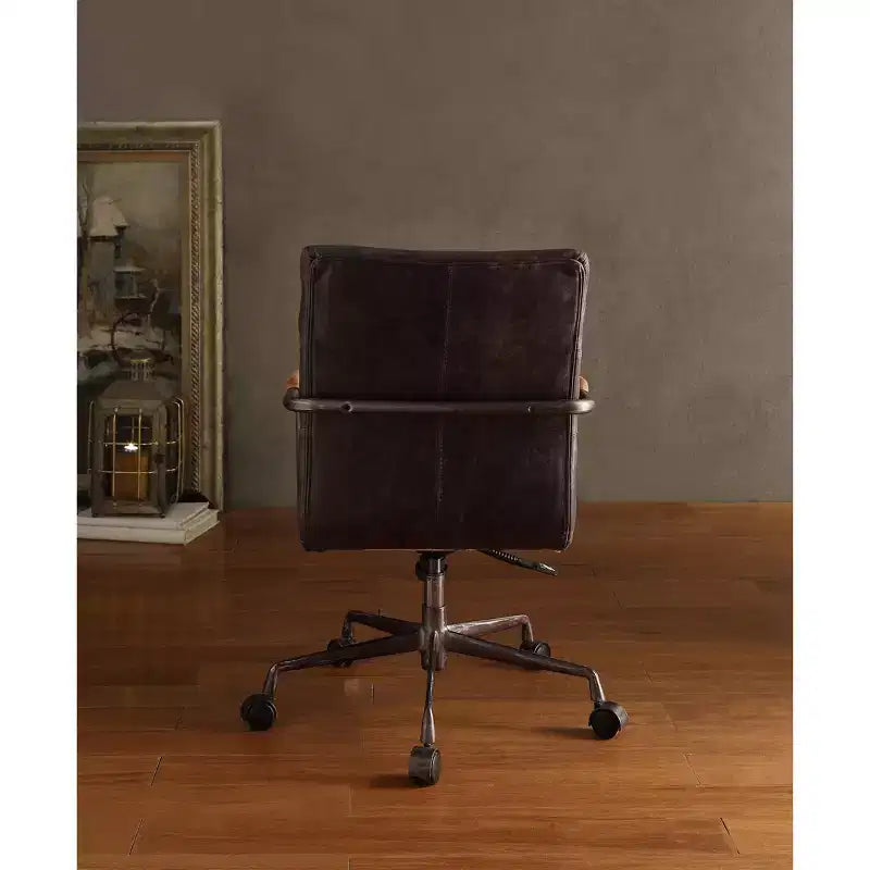 Okak Top Grain Leather Desk Chair, Executive Office Chair with Wooden Armrests and Metal Frame, Stylish Comfy Chair for Home, Office