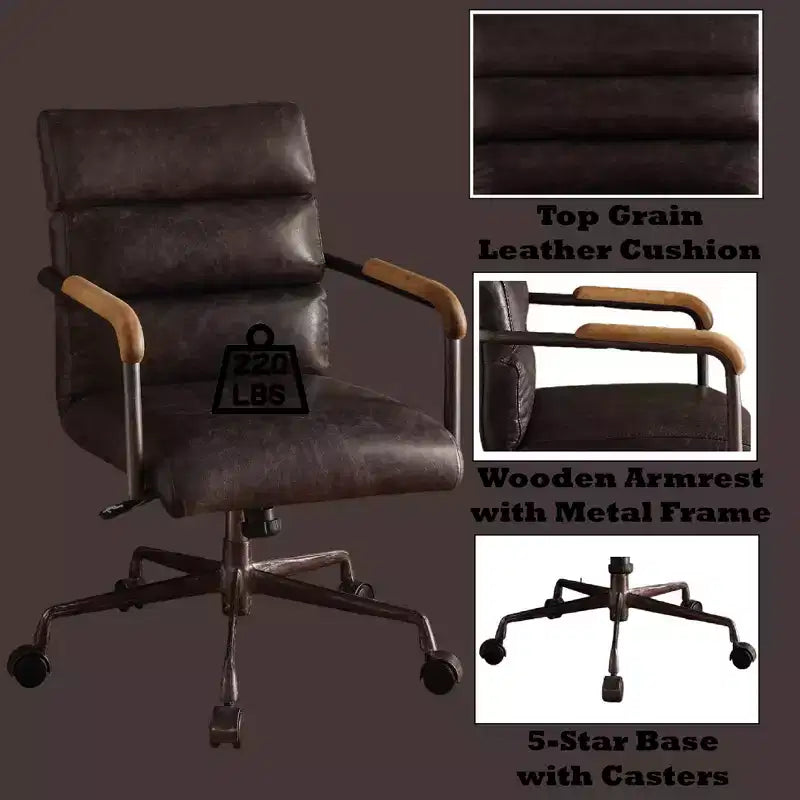 Okak Top Grain Leather Desk Chair, Executive Office Chair with Wooden Armrests and Metal Frame, Stylish Comfy Chair for Home, Office