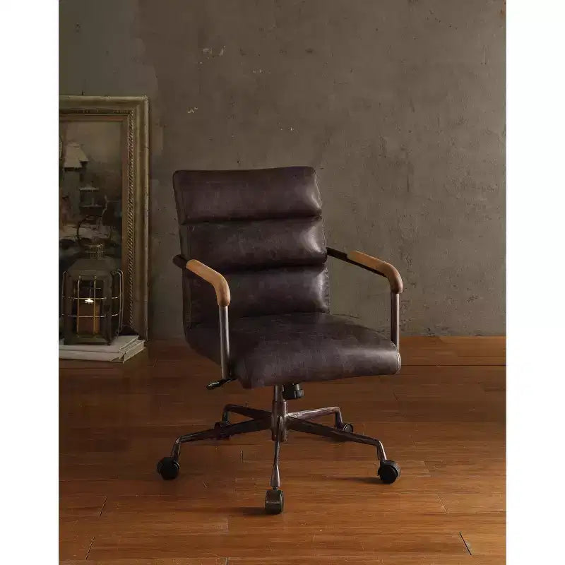 Okak Top Grain Leather Desk Chair, Executive Office Chair with Wooden Armrests and Metal Frame, Stylish Comfy Chair for Home, Office