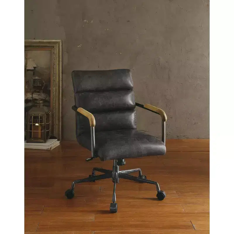 Okak Top Grain Leather Desk Chair, Executive Office Chair with Wooden Armrests and Metal Frame, Stylish Comfy Chair for Home, Office