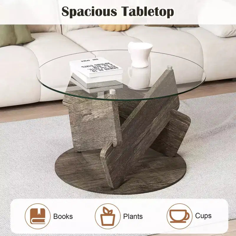 Costway Round Glass Coffee Table 32 Modern Center Table with Clear Tempered Glass Top
