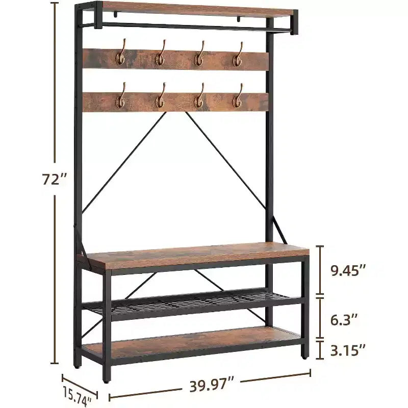 Coat Rack Shoe Bench 72in Tall Hall Tree Shoe Rack with Storage Shelf and Hooks, Removable Industrial Accent Furniture Metal Frame for Home
