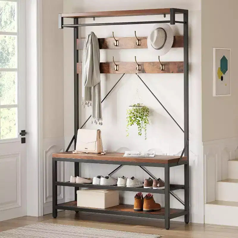 Coat Rack Shoe Bench 72in Tall Hall Tree Shoe Rack with Storage Shelf and Hooks, Removable Industrial Accent Furniture Metal Frame for Home