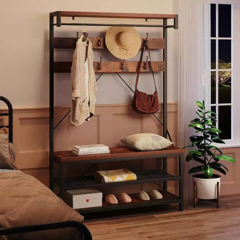 Coat Rack Shoe Bench 72in Tall Hall Tree Shoe Rack with Storage Shelf and Hooks, Removable Industrial Accent Furniture Metal Frame for Home