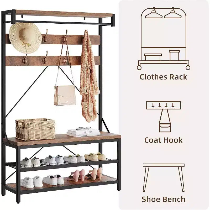 Coat Rack Shoe Bench 72in Tall Hall Tree Shoe Rack with Storage Shelf and Hooks, Removable Industrial Accent Furniture Metal Frame for Home