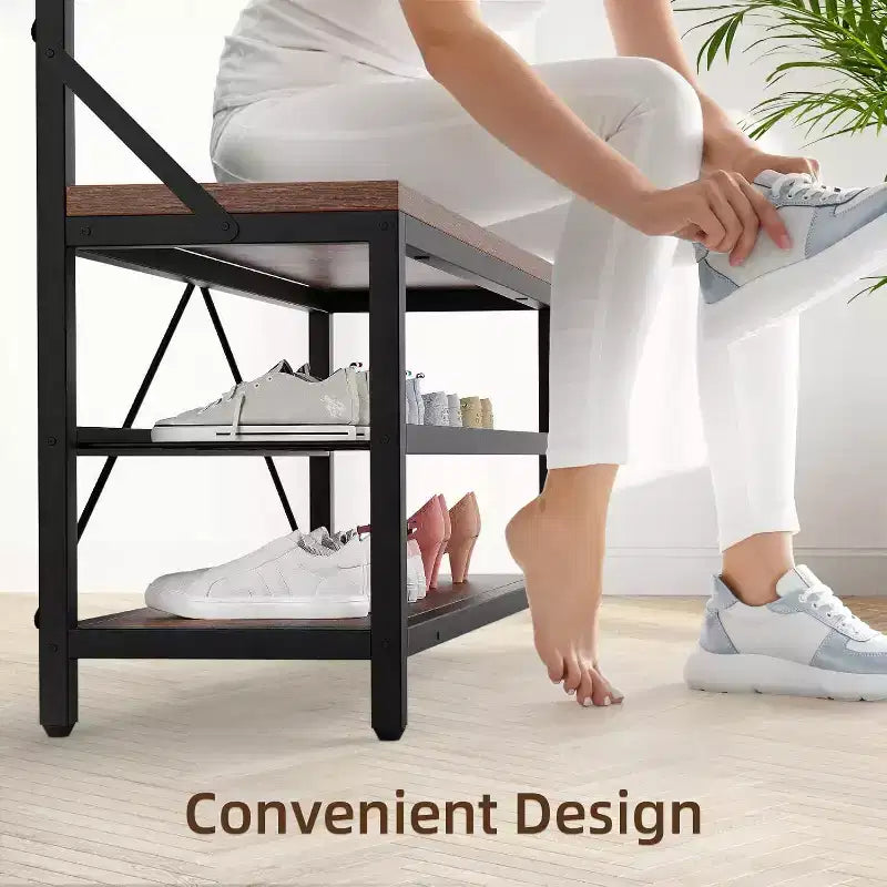 Coat Rack Shoe Bench 72in Tall Hall Tree Shoe Rack with Storage Shelf and Hooks, Removable Industrial Accent Furniture Metal Frame for Home