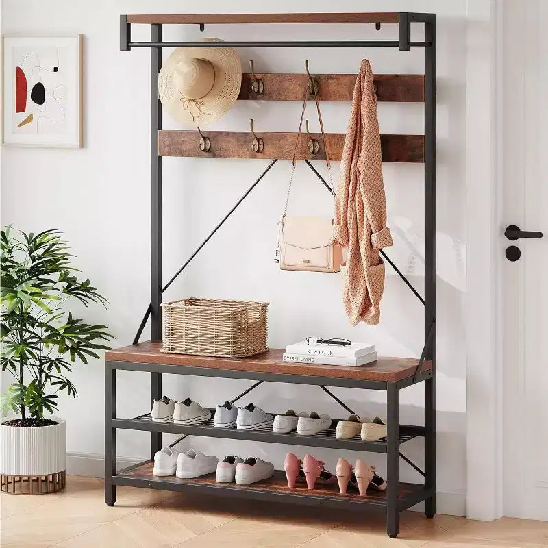 Coat Rack Shoe Bench 72in Tall Hall Tree Shoe Rack with Storage Shelf and Hooks, Removable Industrial Accent Furniture Metal Frame for Home