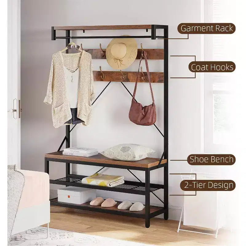 Coat Rack Shoe Bench 72in Tall Hall Tree Shoe Rack with Storage Shelf and Hooks, Removable Industrial Accent Furniture Metal Frame for Home