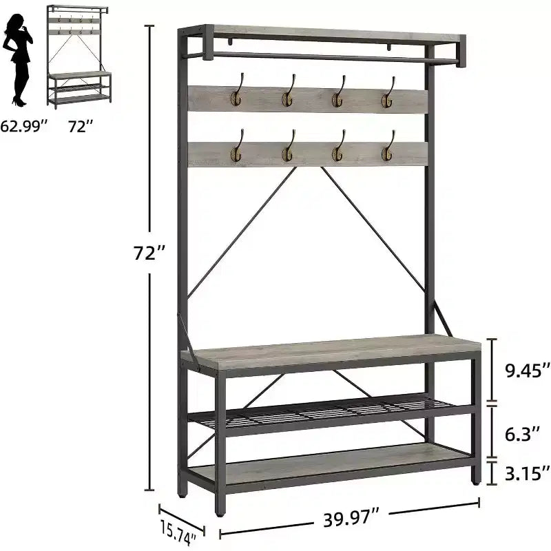 Coat Rack Shoe Bench 72in Tall Hall Tree Shoe Rack with Storage Shelf and Hooks, Removable Industrial Accent Furniture Metal Frame for Home