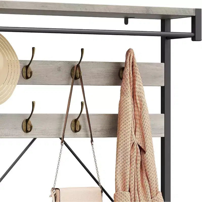 Coat Rack Shoe Bench 72in Tall Hall Tree Shoe Rack with Storage Shelf and Hooks, Removable Industrial Accent Furniture Metal Frame for Home