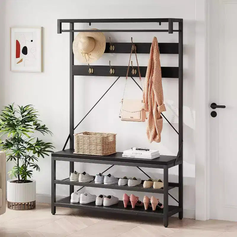 Coat Rack Shoe Bench 72in Tall Hall Tree Shoe Rack with Storage Shelf and Hooks, Removable Industrial Accent Furniture Metal Frame for Home
