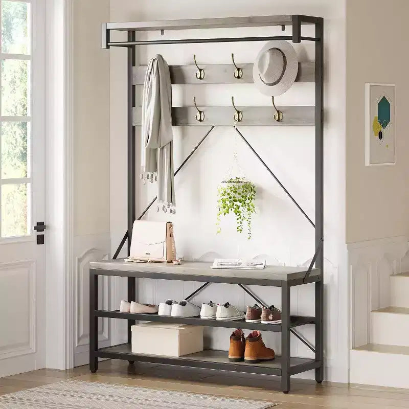 Coat Rack Shoe Bench 72in Tall Hall Tree Shoe Rack with Storage Shelf and Hooks, Removable Industrial Accent Furniture Metal Frame for Home