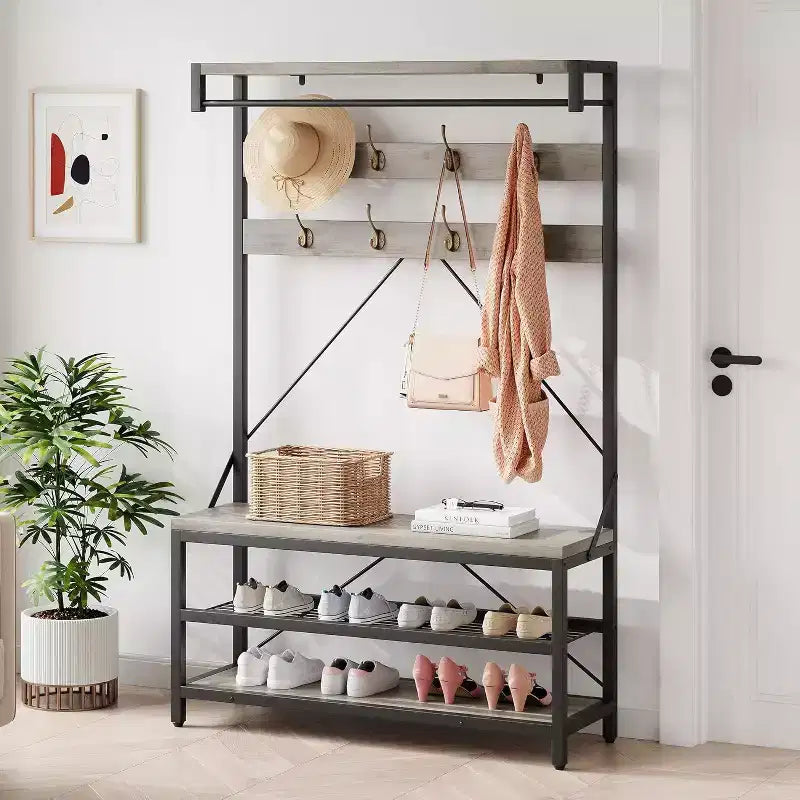 Coat Rack Shoe Bench 72in Tall Hall Tree Shoe Rack with Storage Shelf and Hooks, Removable Industrial Accent Furniture Metal Frame for Home