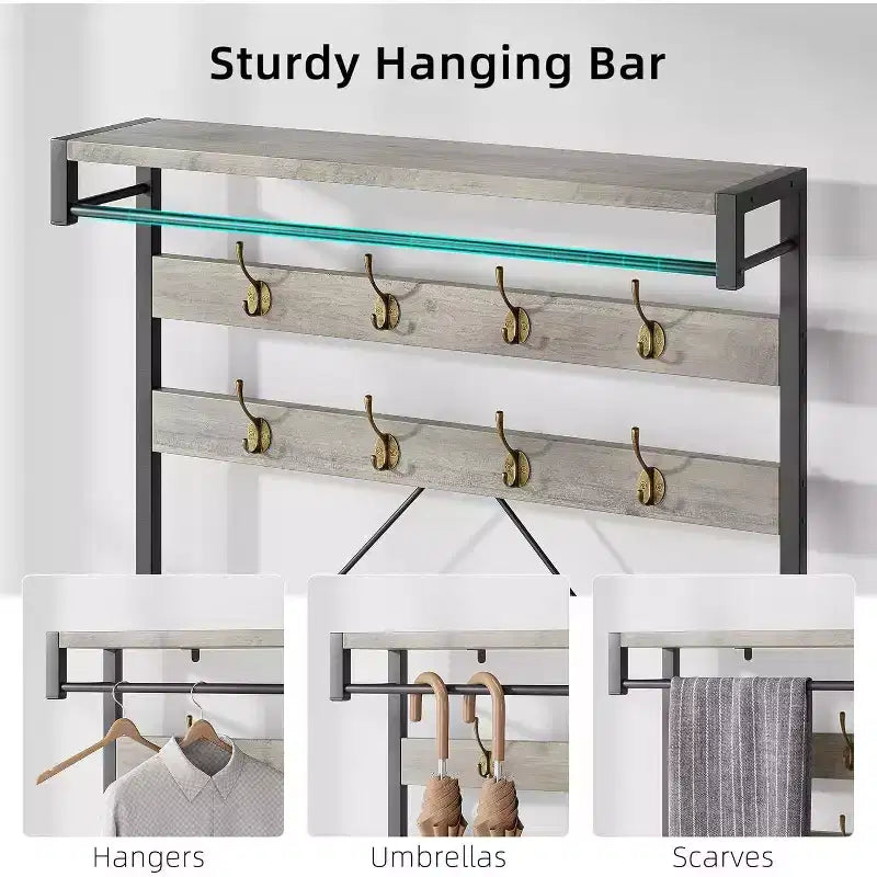 Coat Rack Shoe Bench 72in Tall Hall Tree Shoe Rack with Storage Shelf and Hooks, Removable Industrial Accent Furniture Metal Frame for Home