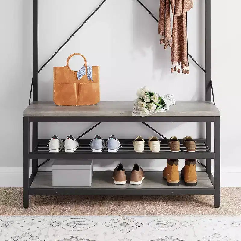 Coat Rack Shoe Bench 72in Tall Hall Tree Shoe Rack with Storage Shelf and Hooks, Removable Industrial Accent Furniture Metal Frame for Home