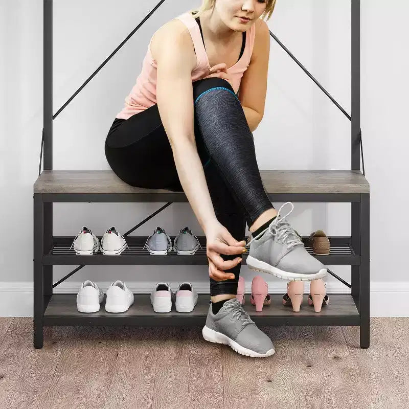 Coat Rack Shoe Bench 72in Tall Hall Tree Shoe Rack with Storage Shelf and Hooks, Removable Industrial Accent Furniture Metal Frame for Home