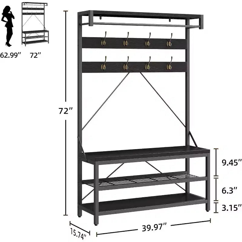 Coat Rack Shoe Bench 72in Tall Hall Tree Shoe Rack with Storage Shelf and Hooks, Removable Industrial Accent Furniture Metal Frame for Home