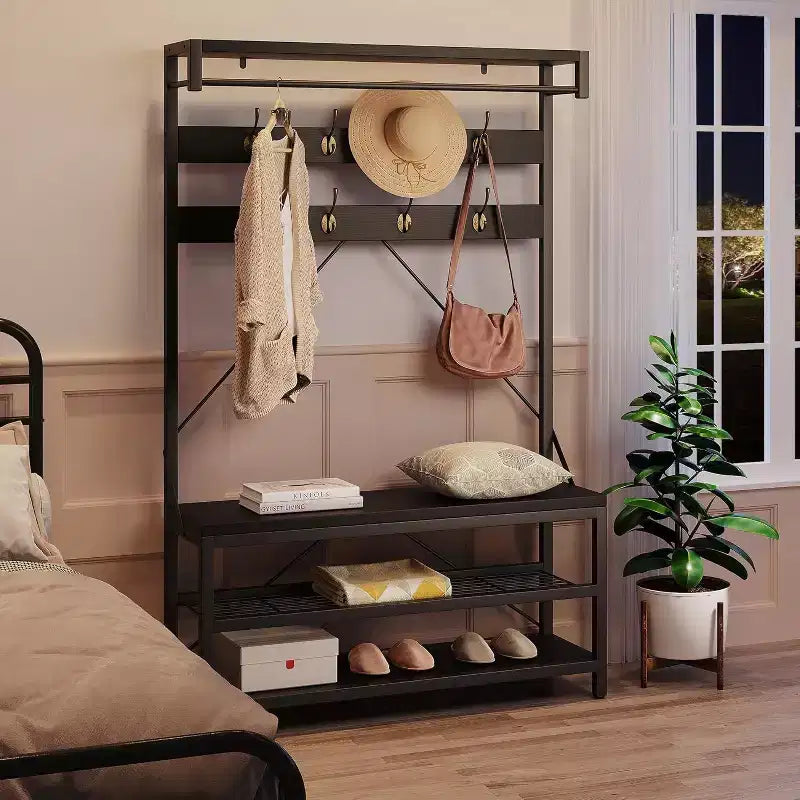 Coat Rack Shoe Bench 72in Tall Hall Tree Shoe Rack with Storage Shelf and Hooks, Removable Industrial Accent Furniture Metal Frame for Home