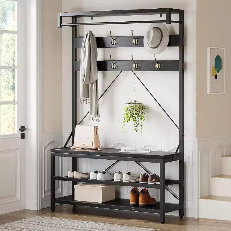 Coat Rack Shoe Bench 72in Tall Hall Tree Shoe Rack with Storage Shelf and Hooks, Removable Industrial Accent Furniture Metal Frame for Home