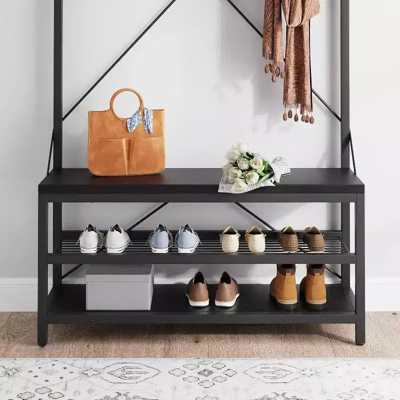 Coat Rack Shoe Bench 72in Tall Hall Tree Shoe Rack with Storage Shelf and Hooks, Removable Industrial Accent Furniture Metal Frame for Home
