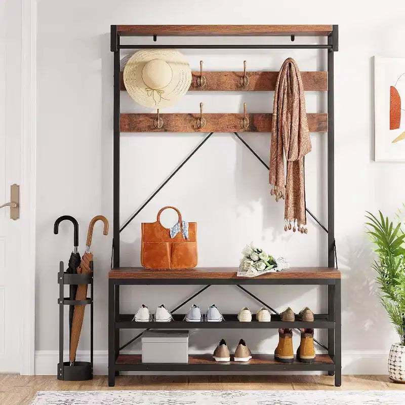 Coat Rack Shoe Bench 72in Tall Hall Tree Shoe Rack with Storage Shelf and Hooks, Removable Industrial Accent Furniture Metal Frame for Home