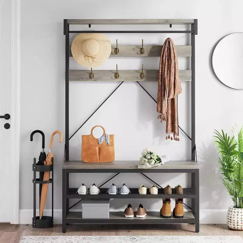 Coat Rack Shoe Bench 72in Tall Hall Tree Shoe Rack with Storage Shelf and Hooks, Removable Industrial Accent Furniture Metal Frame for Home