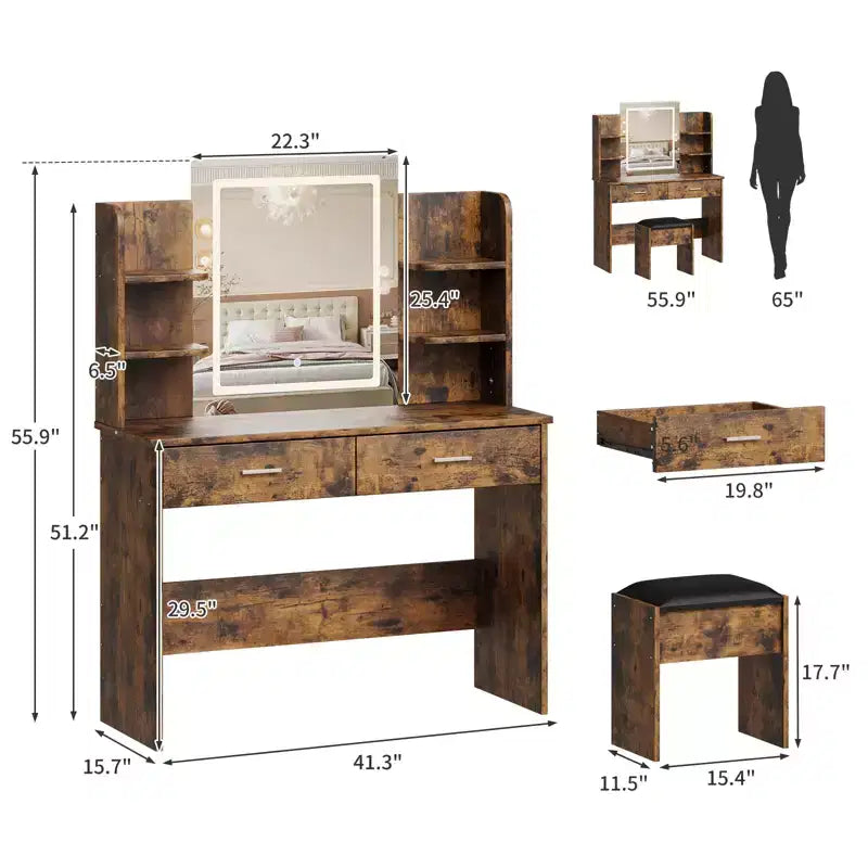 Makeup Vanity Desk with Mirror, Vanity Table and Chair Set with 2 Storage Drawer 4 Shelves, 3 Lighting Modes, for Living Room, Home