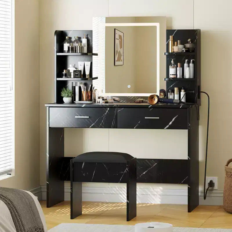 Makeup Vanity Desk with Mirror, Vanity Table and Chair Set with 2 Storage Drawer 4 Shelves, 3 Lighting Modes, for Living Room, Home