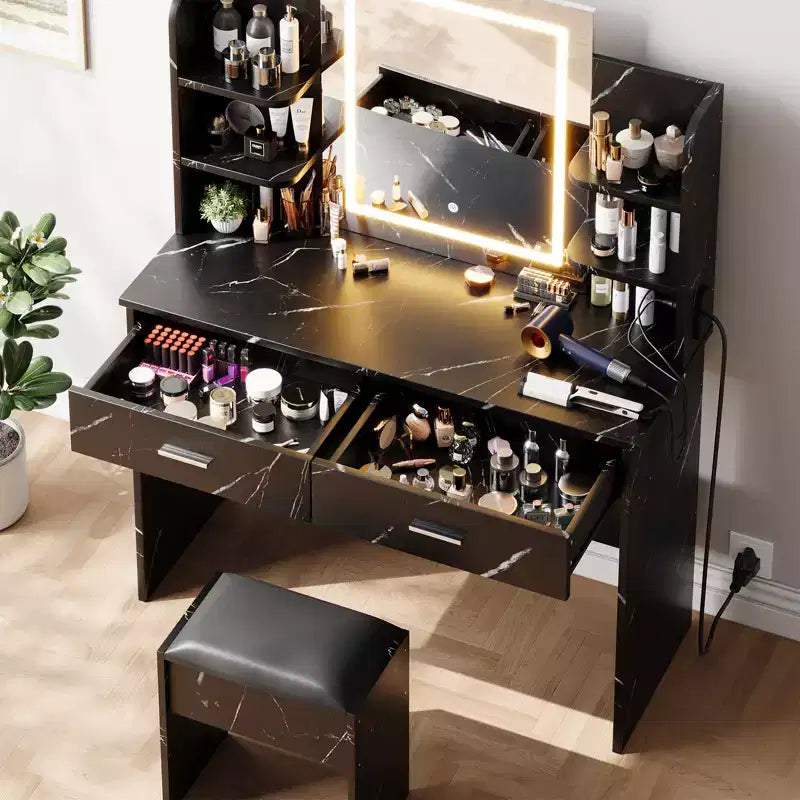 Makeup Vanity Desk with Mirror, Vanity Table and Chair Set with 2 Storage Drawer 4 Shelves, 3 Lighting Modes, for Living Room, Home