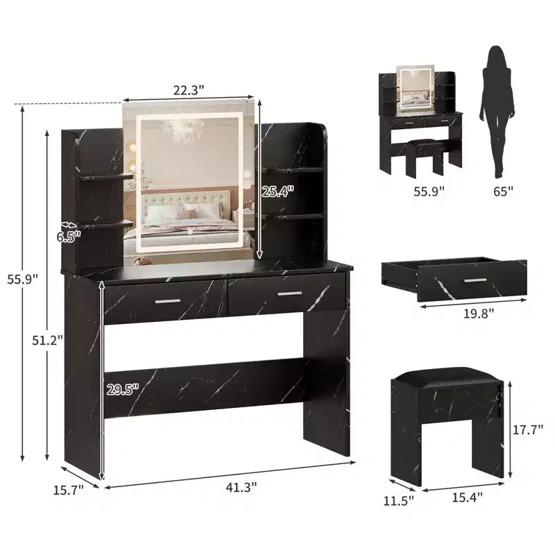 Makeup Vanity Desk with Mirror, Vanity Table and Chair Set with 2 Storage Drawer 4 Shelves, 3 Lighting Modes, for Living Room, Home