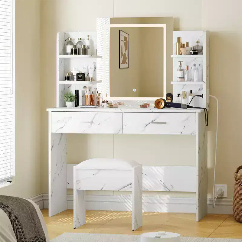 Makeup Vanity Desk with Mirror, Vanity Table and Chair Set with 2 Storage Drawer 4 Shelves, 3 Lighting Modes, for Living Room, Home