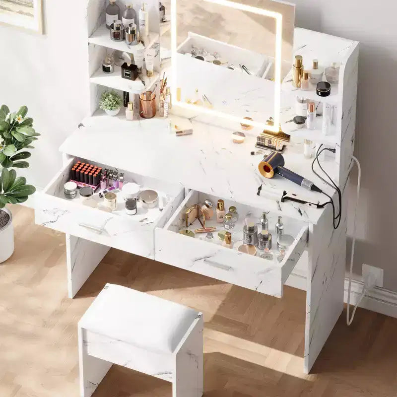 Makeup Vanity Desk with Mirror, Vanity Table and Chair Set with 2 Storage Drawer 4 Shelves, 3 Lighting Modes, for Living Room, Home