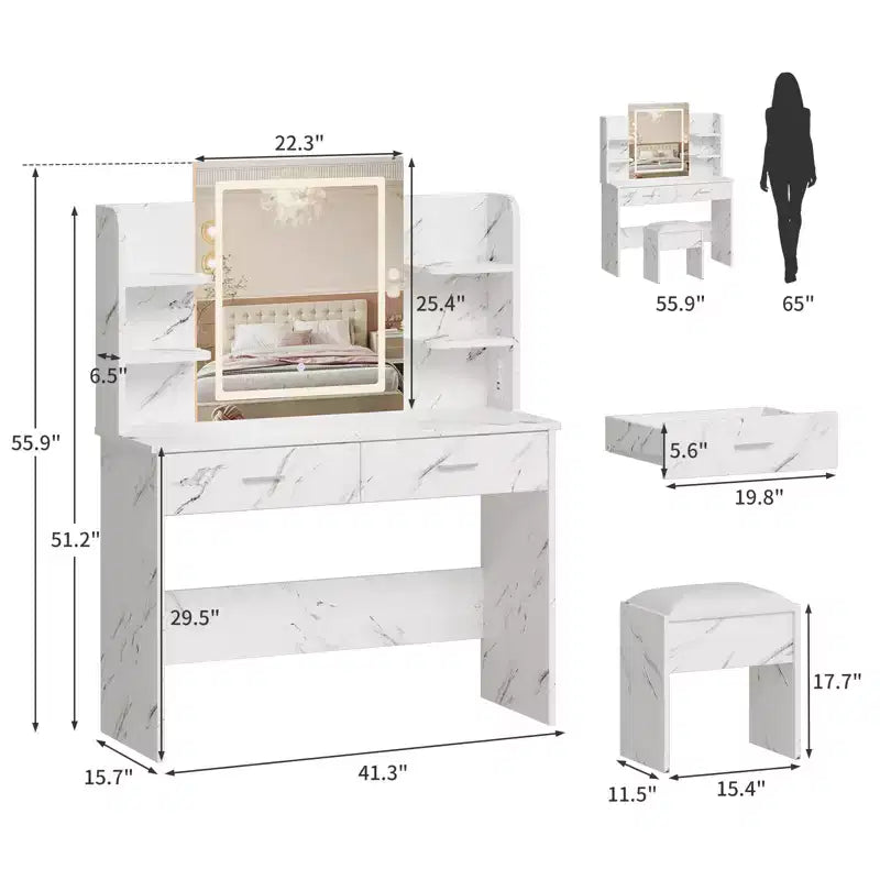 Makeup Vanity Desk with Mirror, Vanity Table and Chair Set with 2 Storage Drawer 4 Shelves, 3 Lighting Modes, for Living Room, Home
