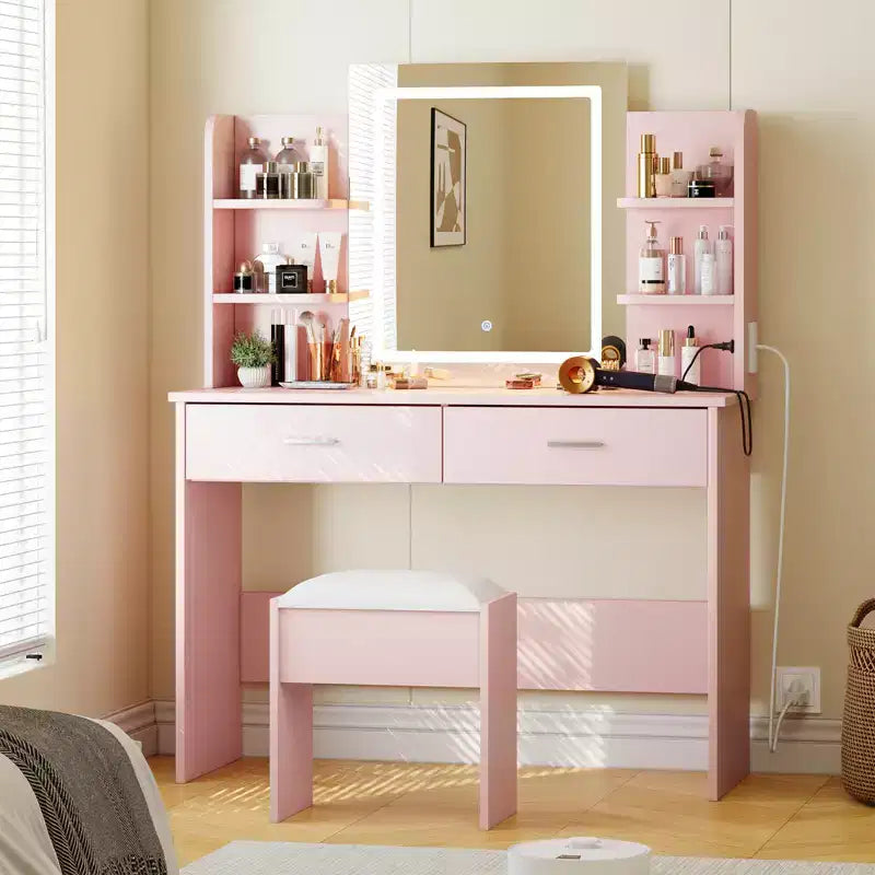 Makeup Vanity Desk with Mirror, Vanity Table and Chair Set with 2 Storage Drawer 4 Shelves, 3 Lighting Modes, for Living Room, Home